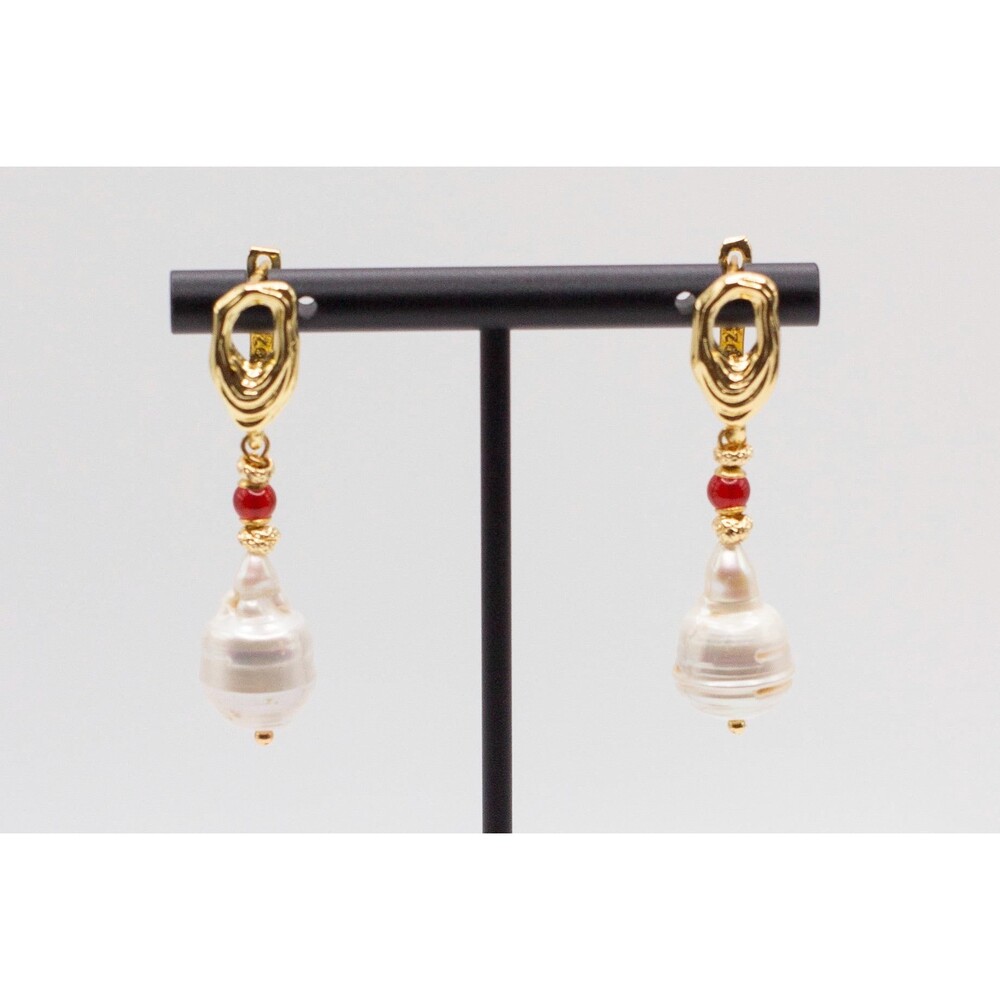 White Baroque Pearl Earrings With Carnelian Accent, Melting Lever back